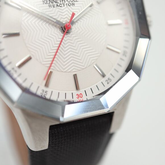 Kenneth Cole Reaction Watch 34mm Dodecagon Silver Tone Black Leather KC2471 - Picture 7 of 16